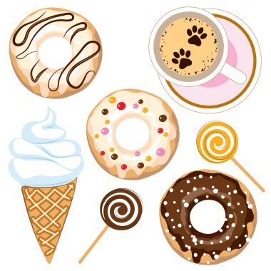 Kremalı, şekerli, sütsüz ve beyaz çikolatalı, bir fincan kahve, dondurma ve lolipop. Farklı çörekler. Çizgi film tarzı. Vektör illüstrasyonu.