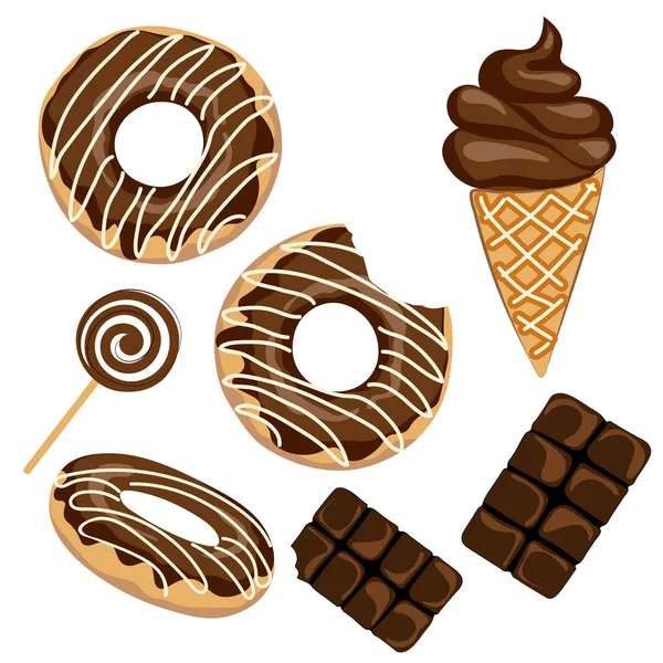 巧克力甜甜圈加冰块巧克力棒巧克力冰淇淋和棒棒糖一套甜甜圈 卡通风格 矢量说明 — 图库矢量图片