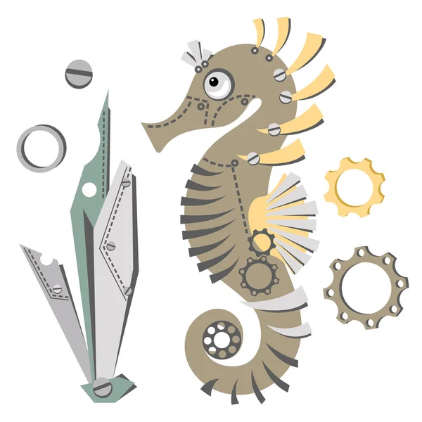かわいい抽象的な金属の海の馬と海藻 金属部品 機械式シーホース スチームパンクなスタイル 漫画のデザイン ベクターイラスト — ストックベクタ