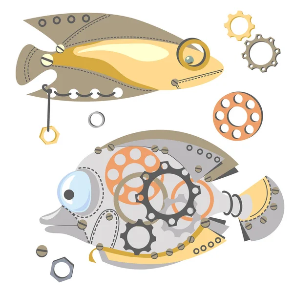 神奇的机械鱼带齿轮的金属鱼 金属零件 牛排的风格 卡通设计 矢量说明 — 图库矢量图片