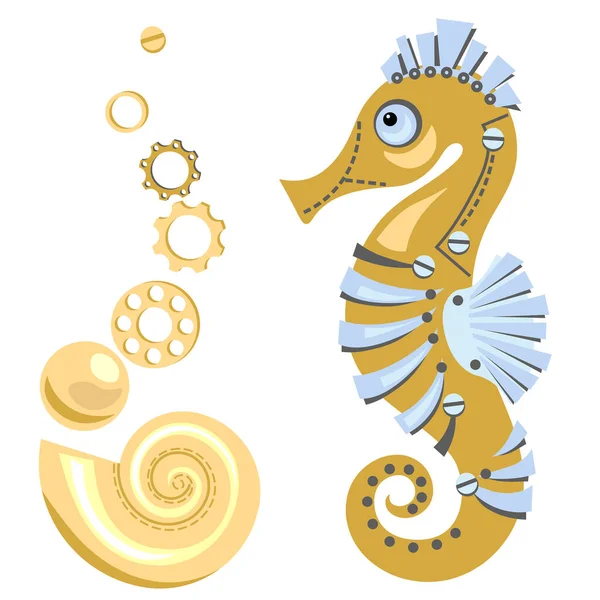 Χαριτωμένο Αφηρημένο Θαλάσσιο Άλογο Χρυσό Κέλυφος Γρανάζι Τροχούς Φανταστικός Μηχανικός — Διανυσματικό Αρχείο