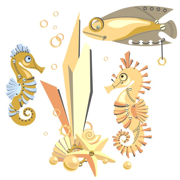 Αφηρημένη Χρυσή Ιππόκαμπος Ψάρια Αστερίες Στυλ Steampunk Φανταστικός Μεταλλικός Μηχανικός — Διανυσματικό Αρχείο