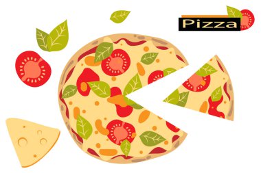 Domatesli dilimlenmiş pizza, peynirli mozzarella, parmesan, fesleğen ve zeytinyağı. Napoli pizzası Margherita. İtalyan yemeği. Düz stil. Vektör illüstrasyonu.