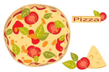 Napoli pizzası Margherita. İtalyan yemeği. Domatesli tam pizza, peynirli mozzarella, parmesan, fesleğen ve zeytinyağı. Düz stil. Vektör illüstrasyonu.