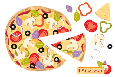 Dilimlenmiş pizza. Mantar, domates, peynir, biber, fesleğen ve zeytin. İtalyan yemeği. Düz stil. Vektör illüstrasyonu.