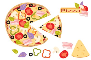 İtalyan yemeği. Jambonlu, mantarlı, domatesli, peynirli, biberli, fesleğenli ve zeytinli pizza. Düz stil. Vektör illüstrasyonu.