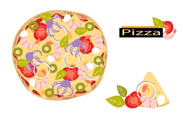Pizza Con Mariscos Camarones Pulpo Tomate Queso Albahaca Oliva Estilo — Vector de stock