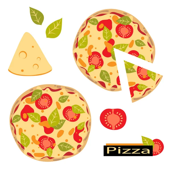 Whole Anf Rebanó Pizza Napolitana Margherita Comida Italiana Pizza Entera — Vector de stock