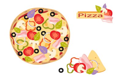 Jambonlu, mantarlı, domatesli, peynirli, biberli, fesleğenli ve zeytinli. İtalyan yemeği. Vektör çizimi. Düz biçim.