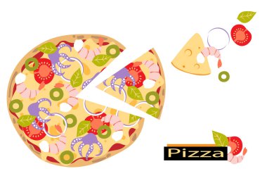 Deniz ürünleriyle dilimlenmiş pizza. Karides, ahtapot, domates, peynir, fesleğen ve zeytin. Düz stil. İtalyan yemeği. Vektör illüstrasyonu.