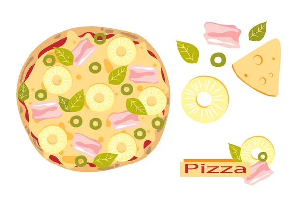 Hawaiian Pizza Pineapple Ham Cheese Basil Olive Italian Food Cartoon — Stock Vector