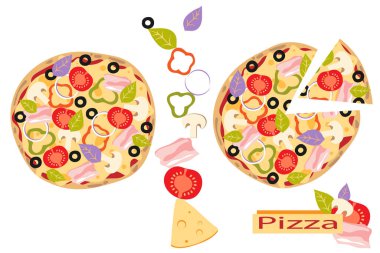 Jambonlu, mantarlı, domatesli, peynirli, biberli, fesleğenli ve zeytinli pizza. İtalyan yemeği. Düz stil. Vektör illüstrasyonu.