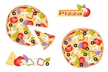 Tam ve dilimlenmiş pizza seti. Mantar, domates, peynir, biber, fesleğen ve zeytin. İtalyan yemeği. Düz stil. Vektör illüstrasyonu.