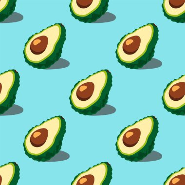Turkuaz arka planda gölgesi olan yarım avokado. Meyvesiz, dikişsiz desen. Vektör illüstrasyonu.