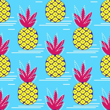 Mavi arka planda soyut ananas meyvesi. Yaz eğlencesi kusursuz desen. Çizgi film tarzı. Vektör illüstrasyonu.