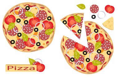 Domatesli, peynirli, sosisli, fesleğenli, soğanlı ve zeytinli Pepperoni pizzası. İtalyan yemeği. Düz stil. Vektör illüstrasyonu.