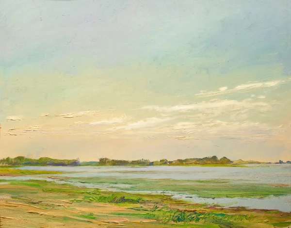 在这条河在草原，绘画布面油画被太阳照亮的云 — 图库照片