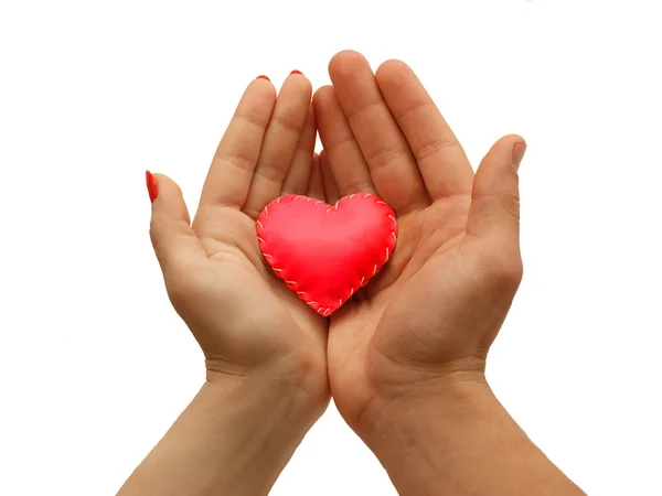 Mano della donna e la mano degli uomini insieme tengono un cuore rosso, isolato su sfondo bianco — Foto Stock