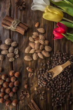 Badem, muscat, fındık ve çam fıstığı karanlık bir arka plan