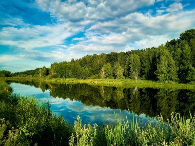 Kırsal arazi, orman ve nehir, sudaki gökyüzünün yansıması.