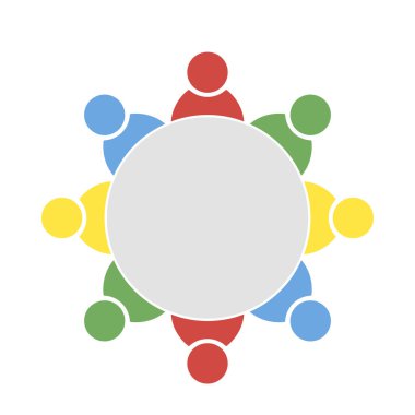 İş toplantısı, tartışma. Takım çalışması aktivitesi. Masanın etrafındakiler. Vektör illüstrasyonu