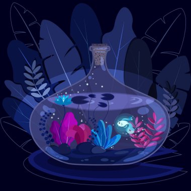 Şişede tropik yapraklı sevimli sihirli balıklar.