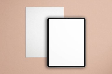 Tablet ve A4 kağıt üst görünüm. 3d Hazırlama