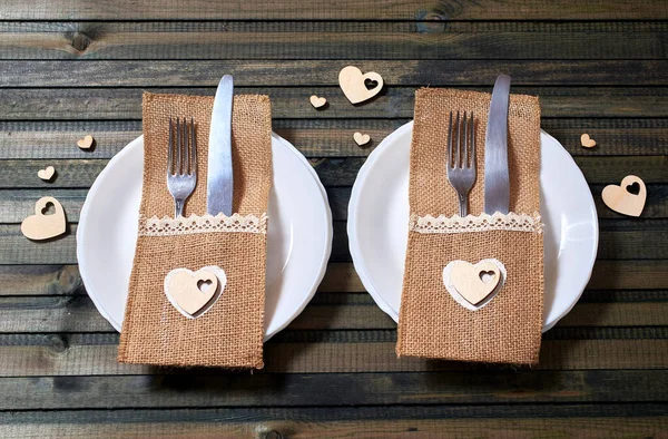 Table Setting Valentine Day Wedding Cutlery Romantic Dinner Declaration Love — Stock Fotó