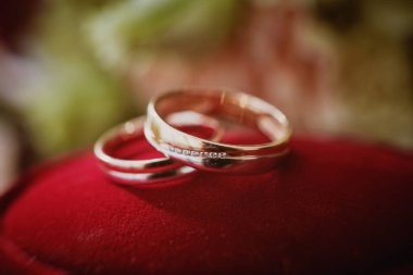 Kırmızı kadife bir kutunun üzerindeki alyansların yakın görüntüsü.