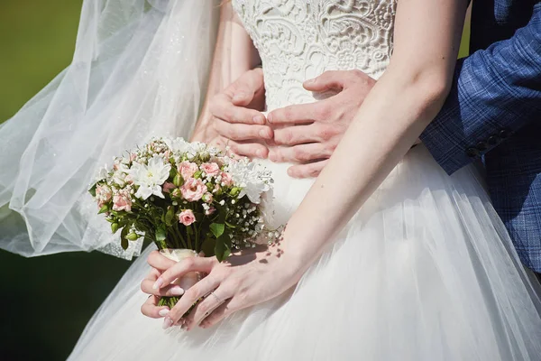 Groom Embraces Bride Hands Bride Bouquet Pink White Flowers Tenderness — Fotografia de Stock