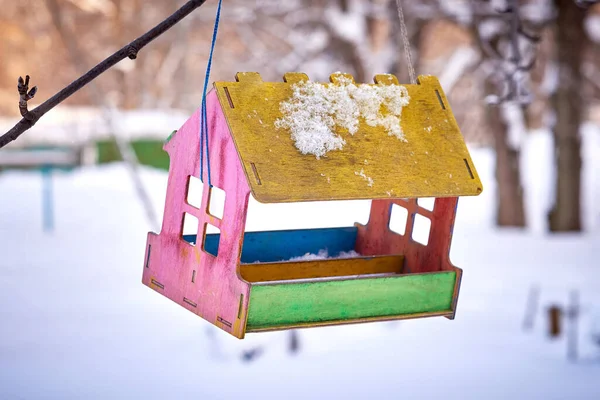 Kleurrijke Houten Vogel Feeder Vorm Van Een Huis Winter Besneeuwd — Stockfoto