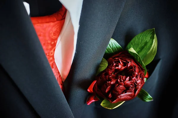 Damadın Elbisesindeki Koyu Kırmızı Şakayıklardan Yapılmış Yaka Çiçeği Düğüne Hazırlanıyorum — Stok fotoğraf
