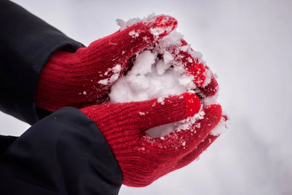 Kırmızı eldivenli eller arka planda bir kartopu oluşturur. Kış eğlencesi, aktiviteler