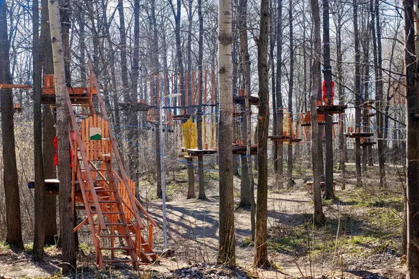 Lanový Park Jarním Lese Dřevěné Plošiny Stromech — Stock fotografie