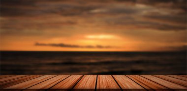 Panoramik, boş ahşap tezgah masası, bulanık sabah güneşli plaj arkaplanı, ürün sabah görüntüsü montajı, tatil arkaplanındaki soyut bulanık ahşap masa.