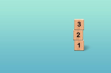 Tahta bloklar 123 gradyan mavi turkuaz arka plan, sayı 123 kural konsepti