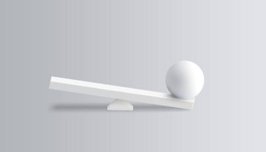 Güvertedeki beyaz 3D küre topu, beyaz arkaplanda kopya uzayı ile izole edilmiş tahterevalli. İş dengesi konsepti, üç boyutlu render monokrom tasarımı