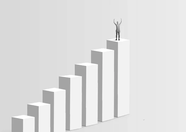 Guy stands on top of Graph column stair rising his hands as a sign of success mission and goals achievements, white monochrome design. 3D rendering