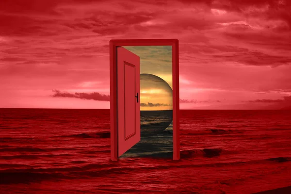 open fantasy door to the ocean sun morning. from the hell to the heaven concept ideas from hill to heaven