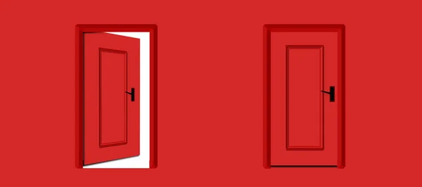 Opening door and closed door on red room wall, , expectation concept, choice and opportunity door concept. Two doors in different or opposed position.