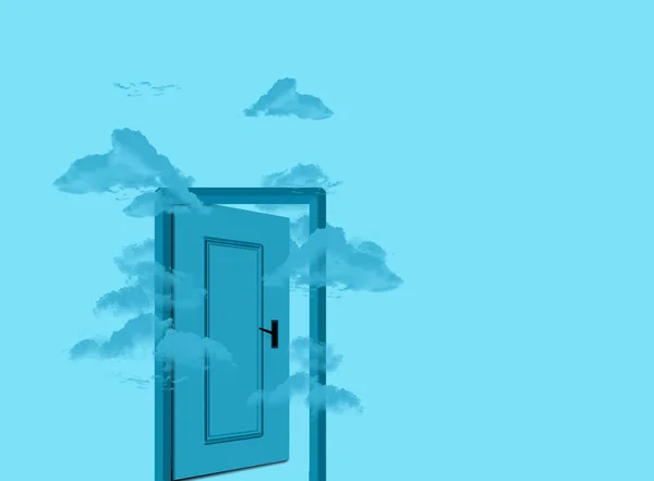 Blue Door Cloudy Sky Blue Clouds Flying Half Opened Door — Stock Photo, Image