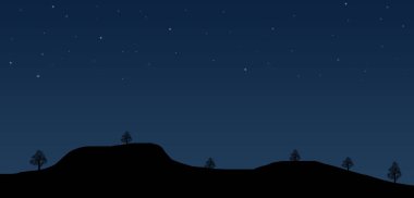 Gece gökyüzü yıldızları ağaç ve dağ manzaralı manzara silueti. 