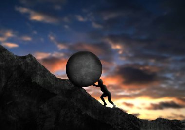 Kadın kayayı yokuş yukarı itiyor. Sisyphus iş kadını konsepti