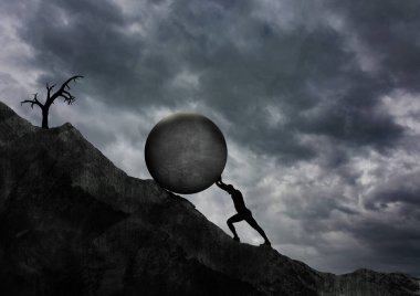 Genç adam yokuş yukarı, gerçeküstü konsept, mücadele ve sıkı çalışma, güç ve engel, zorluk ve hedef kavramları itiyor..