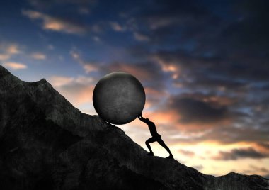 İş adamı beton taşları yokuş yukarı itiyor. İnsanoğlu beton çemberi dağın zirvesine çıkarmak için zorlar. Sisyphus 'un kavramsal çizimi