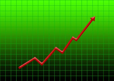 Red 3d Rise arrow in Green grid with lines and small squares, stocks investment profit growth concept. Business graph. Gradient bright and dark green color degradation