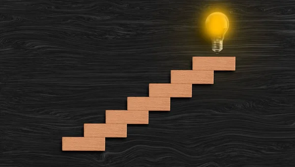 ascending graph chart with light bulb glowing on top of stairway, success process concept, goal achievement.