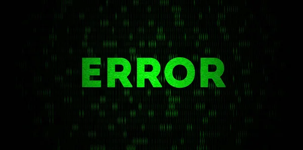Website Error or Software error digital green background. Green ERROR word in moving binary code dark web background