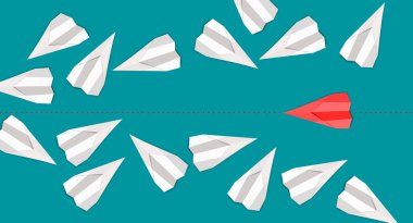 Kayıp tembel kalabalığın içinde Temiz Yönlü Kırmızı Kağıt Uçak diğer uçaklar, iş yönleri, liderlik ve lider konsepti. Görüş ve bakış açıları