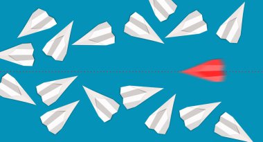 Temiz Yönlendirme uçak konsepti, güven ve liderlik kavramı olan bir lider. Kırmızı kâğıt uçak kalabalığın arasından sıyrılıyor. lider kağıt uçak konsepti 